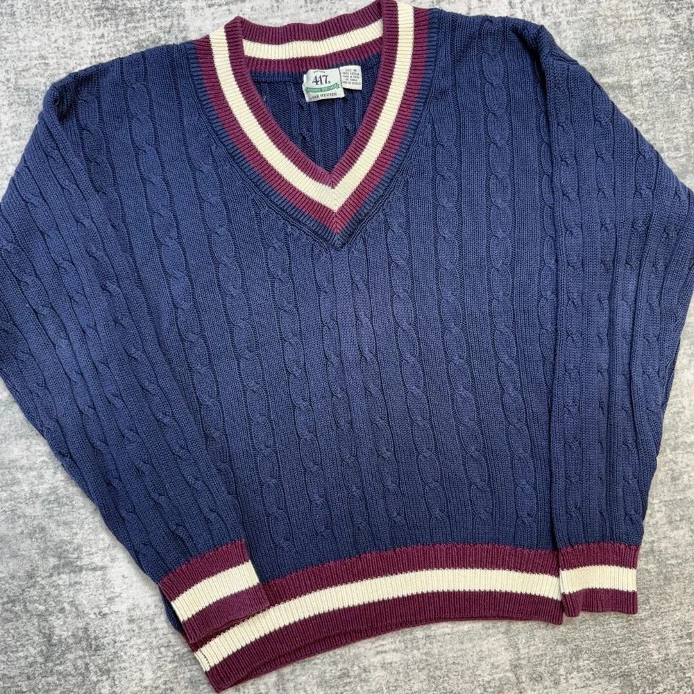 VTG Van Heusen Sweater Medium Tennis Cable Knit V-Neck Ivy Preppy Red White Blue